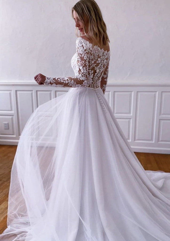 Off Shoulder Long Sleeves Appliqued Lace Side Slit Sweep Train Lace Up A-Line Wedding Dress