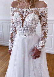 A-line Off Shoulder Illusion Long Sleeve Sweep Tulle Lace Wedding Dress