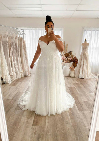 A-line Off Shoulder Floor Length Court Lace Tulle Plus Size Wedding Dress