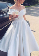 A-line Off Shoulder White Satin Tea-Length Homecoming Dress