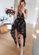 A-line V Neck Sleeveless Lace Satin Asymmetrical Homecoming Dress, Sequins