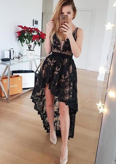 A-line V Neck Sleeveless Lace Satin Asymmetrical Homecoming Dress, Sequins