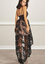 A-line V Neck Sleeveless Lace Satin Asymmetrical Homecoming Dress, Sequins