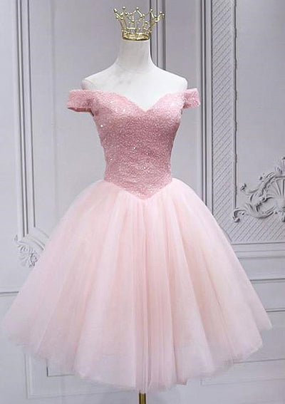 A-line Off Shoulder Tulle Short Mini Homecoming Dress, Sequins Beading