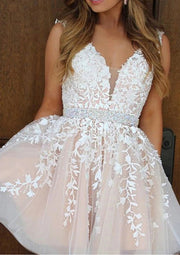 A-line V Neck Sleeveless Lace Tulle Short Mini Homecoming Dress, Beaded