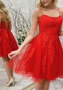 A-line Straps Sleeveless Red Lace Tulle Short Mini Homecoming Dress