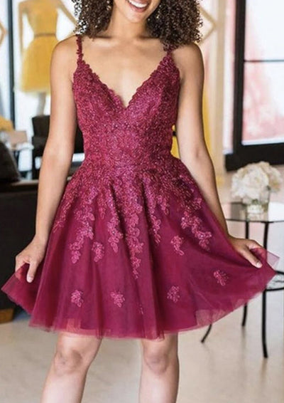 A-line V Neck Sleeveless Lace Tulle Short Mini Homecoming Dress