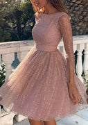 Короткое платье трапециевидной формы из металлизированной пряжи с рукавами 3/4 и блестками Bateau для выпускного вечера