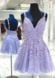 A-line V Collier sans manches Lilac dentelle Tulle courte Mini Robe de réception