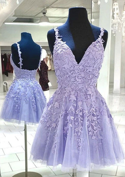 A-line V Neck Sleeveless Lilac Lace Tulle Short Mini Homecoming Dress