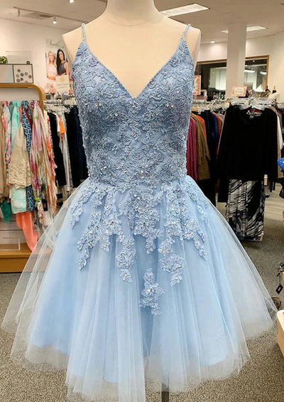 A-line V Neck Lace Tulle Satin Short Mini Homecoming Dress, Sequins
