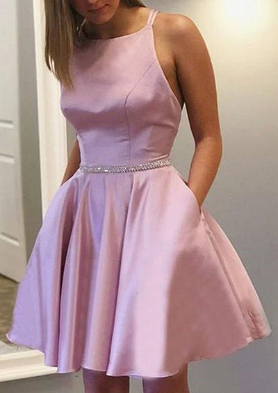 Bateau A-line Straps Cross Back Pink Satin Short Homecoming Dress, Beaded