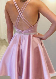 Bateau A-line Straps Cross Back Pink Satin Short Homecoming Dress, Beaded