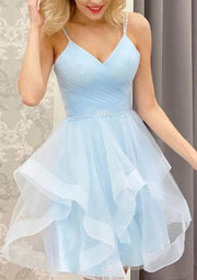 V Neck A-line Perline Cinturino Horsehair Tulle Short Mini Homecoming Abito