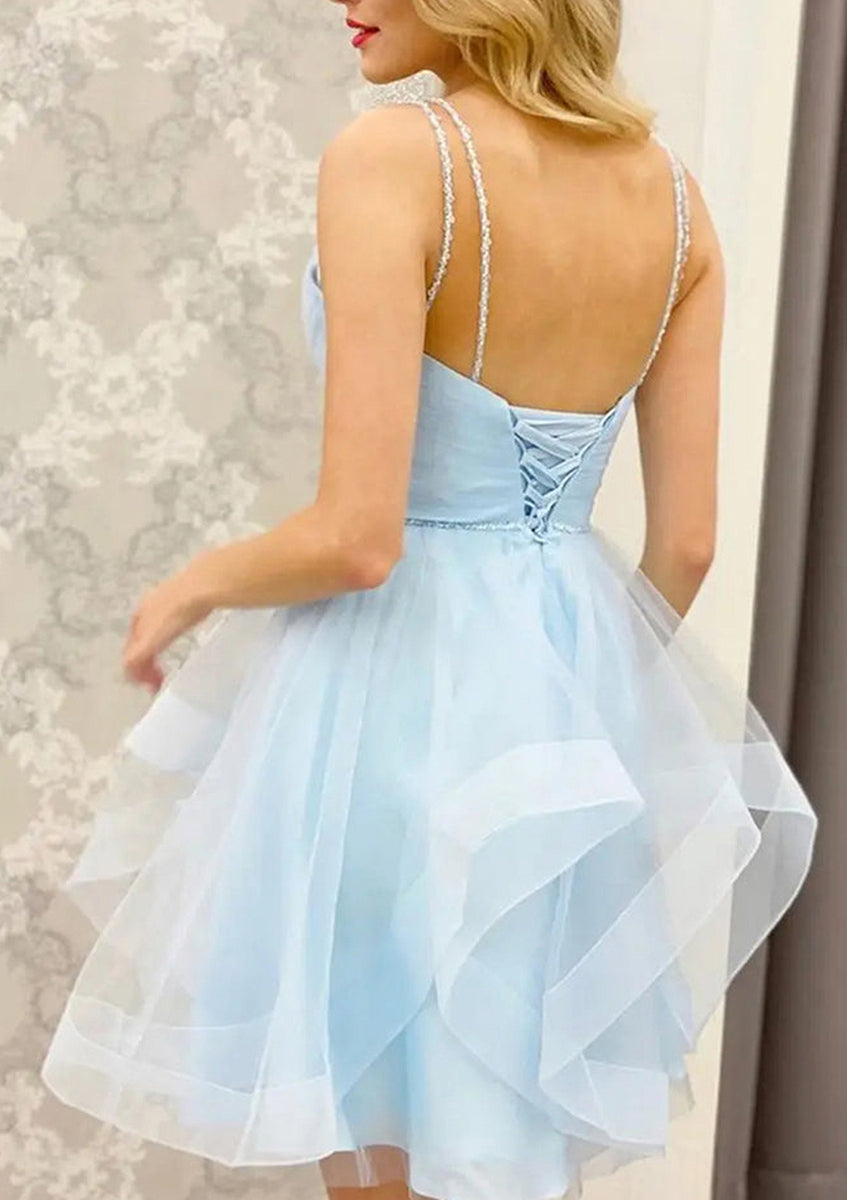 A-line Deep V-neck Beading Backless Tulle Short Homecoming Dress, HD0154