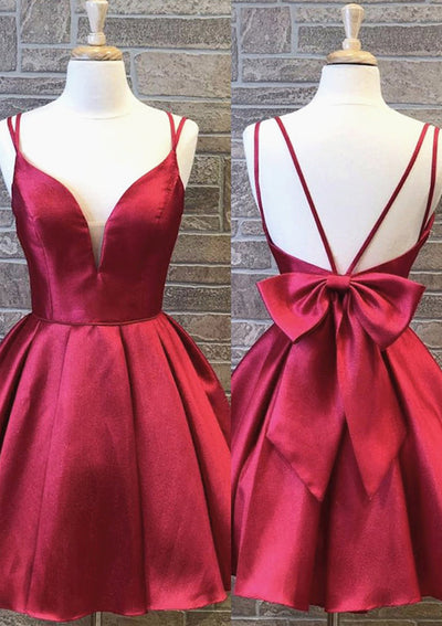 A-line Plunging Straps Burgundy Satin Short Homecoming Dress, Bowknot