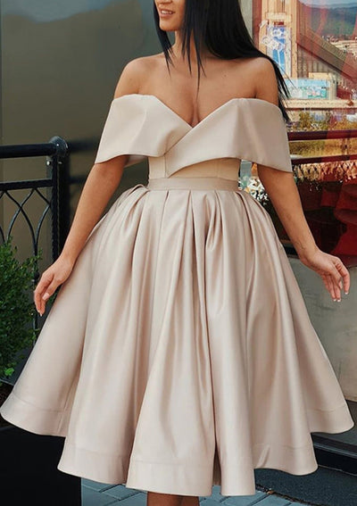 Ball Gown Off Shoulder Surplice Satin Knee-Length Homecoming Dress