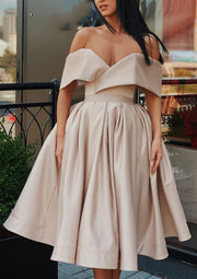 Ball Gown Off Shoulder Surplice Satin Knee-Length Homecoming Dress