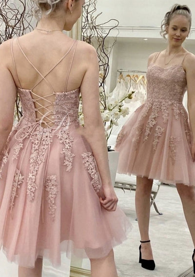 A-line Sweetheart Straps Sleeveless Blush Lace Tulle Short Homecoming Dress