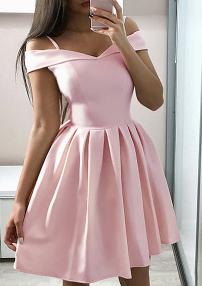 A-line Off Shoulder V-neck Pink Satin Short Mini Homecoming Dress