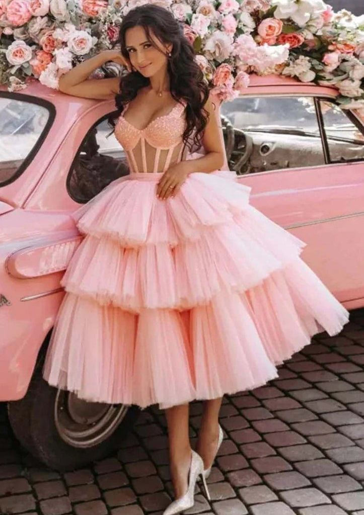 Espartilho vestido de baile Sweetheart Cupcake Tulle Tea-Length Homecoming Vestido