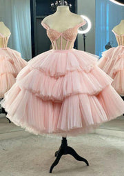 Espartilho vestido de baile Sweetheart Cupcake Tulle Tea-Length Homecoming Vestido