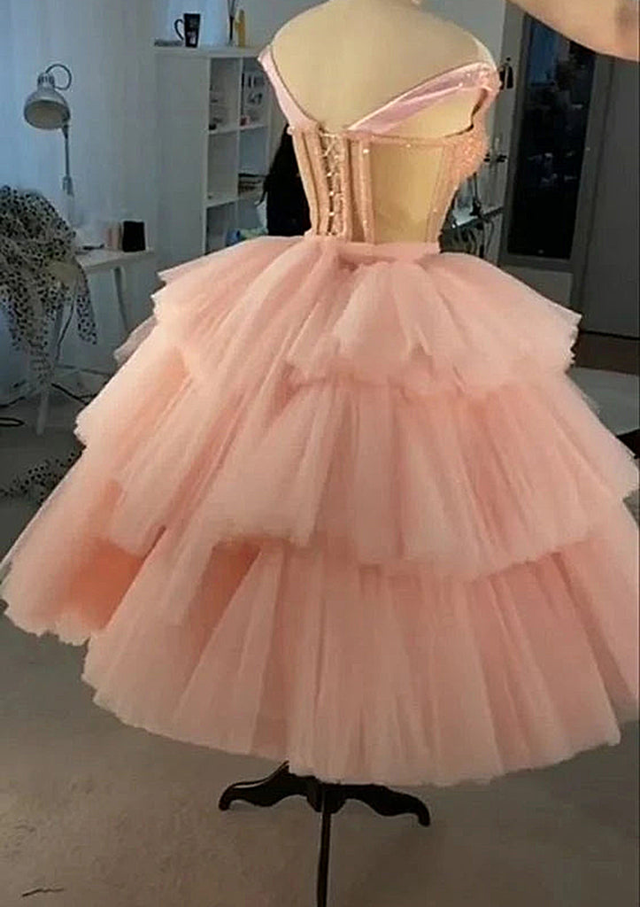 Espartilho vestido de baile Sweetheart Cupcake Tulle Tea-Length Homecoming Vestido
