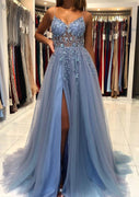 A-line V Collier Spaghetti Straps Long/Floor-Length Tulle Prom Dress avec perles Sequins Split