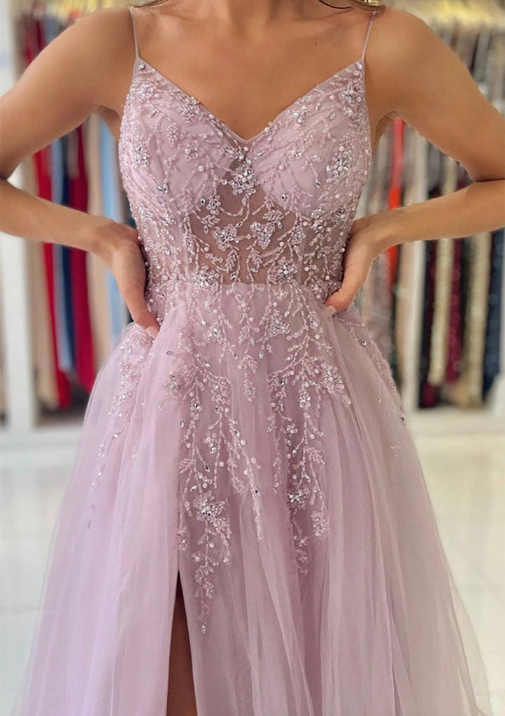 A-line V Neck Spaghetti Straps Long/Floor-Length Tulle Prom Dress With -  Princessly