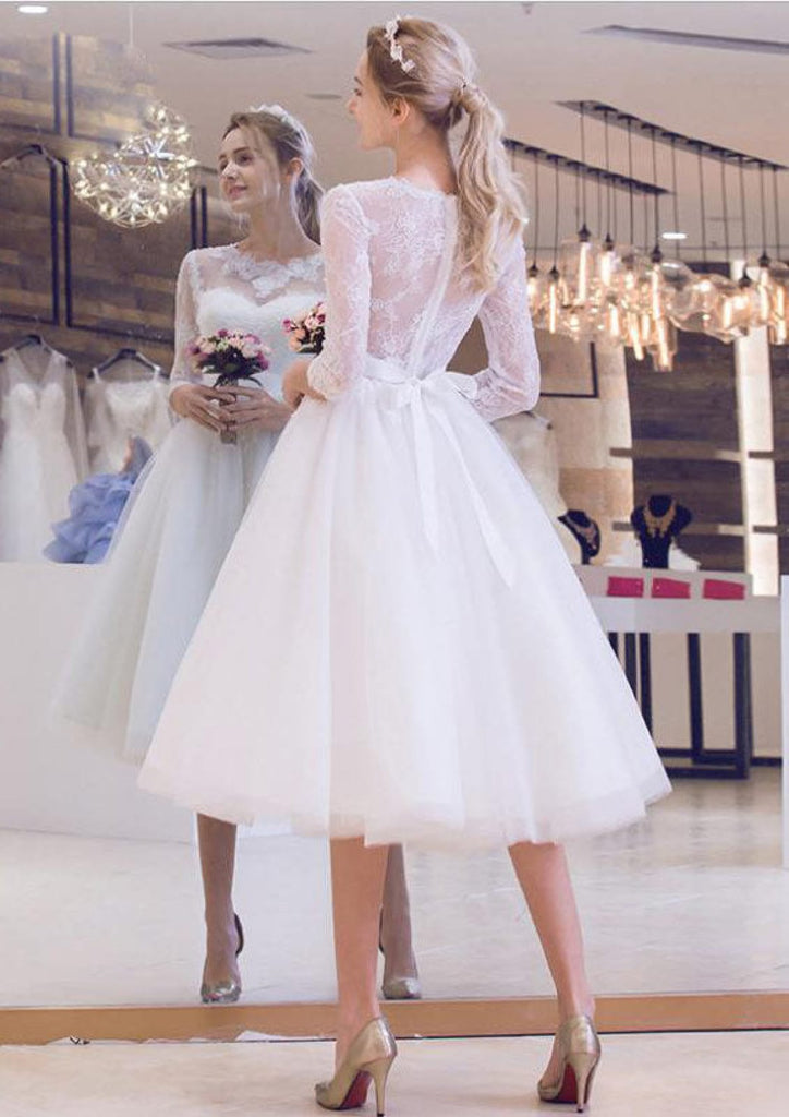 3/4 Sleeve Calf Length Lace Tulle Ball Gown Short Wedding Dress - Princessly