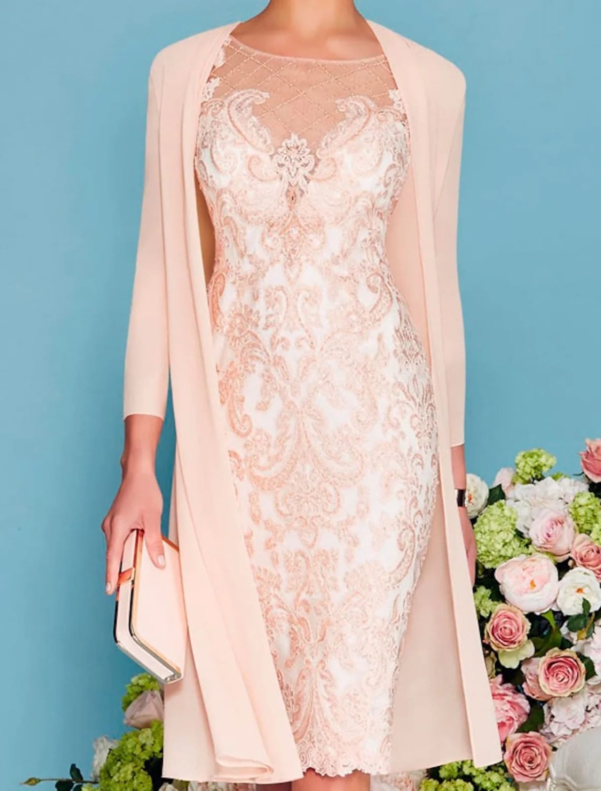 3/4 Sleeve Sheer Chiffon Lace Two Piece Sheath Mother of Bride Dress, Beaded Lace 3/4 Sleeve Sheer Chiffon Lace Two Piece Sheath Mother of Bride Dress, Beaded Lace