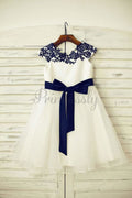 $69 SALE: Navy Blue Lace Ivory Satin Organza Flower Girl Dress with Navy Sash