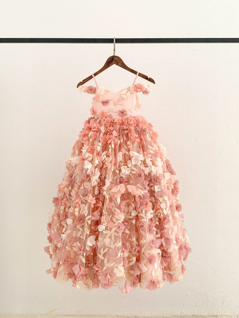 3D Lace Tulle Flower Off Shoulder Wedding Flower Girl Dress 