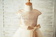 $15 SALE: Champagne Sequin Tulle Flower Girl Dress with Cap 