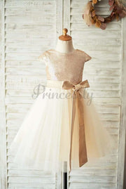 $15 SALE: Champagne Sequin Tulle Flower Girl Dress with Cap 
