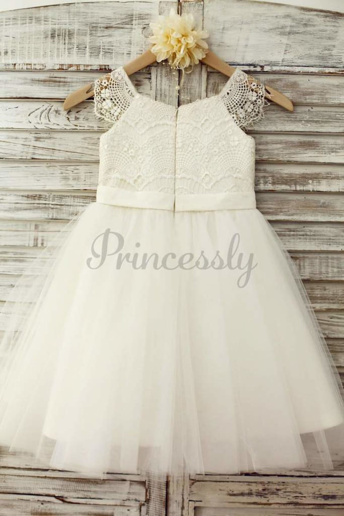 $15 SALE: Lace Cap Sleeves Ivory Tulle TUTU Flower Girl 