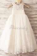 $75 SALE: Princess Ivory Lace Keyhole Back Floor Length Wedding Flower Girl Dress