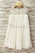 79 دولارات من طراز SALE: Boho Beach Lace Cap Sleeves Ivory Chiffon Flower Girl Dress