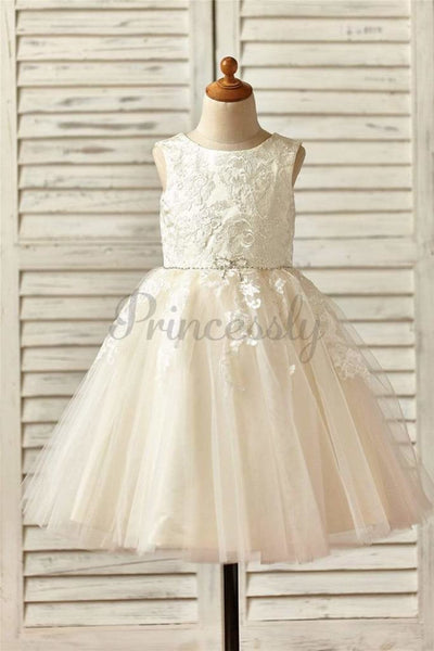 $15 SALE: Champagne Satin Tulle Flower Girl Dress with 