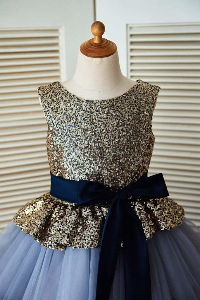 SALE: Gold Sequin Blue Cupcake Tulle Wedding Flower Girl Dress with Navy Blue Belt 7T