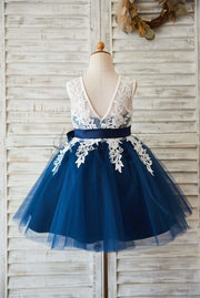 $15 SALE: Ivory Lace Navy Blue Tulle Wedding Flower Girl 
