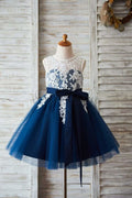 $79 VENDA: Marfim Lace Marinha azul Tulle casamento Flor menina vestido com V volta