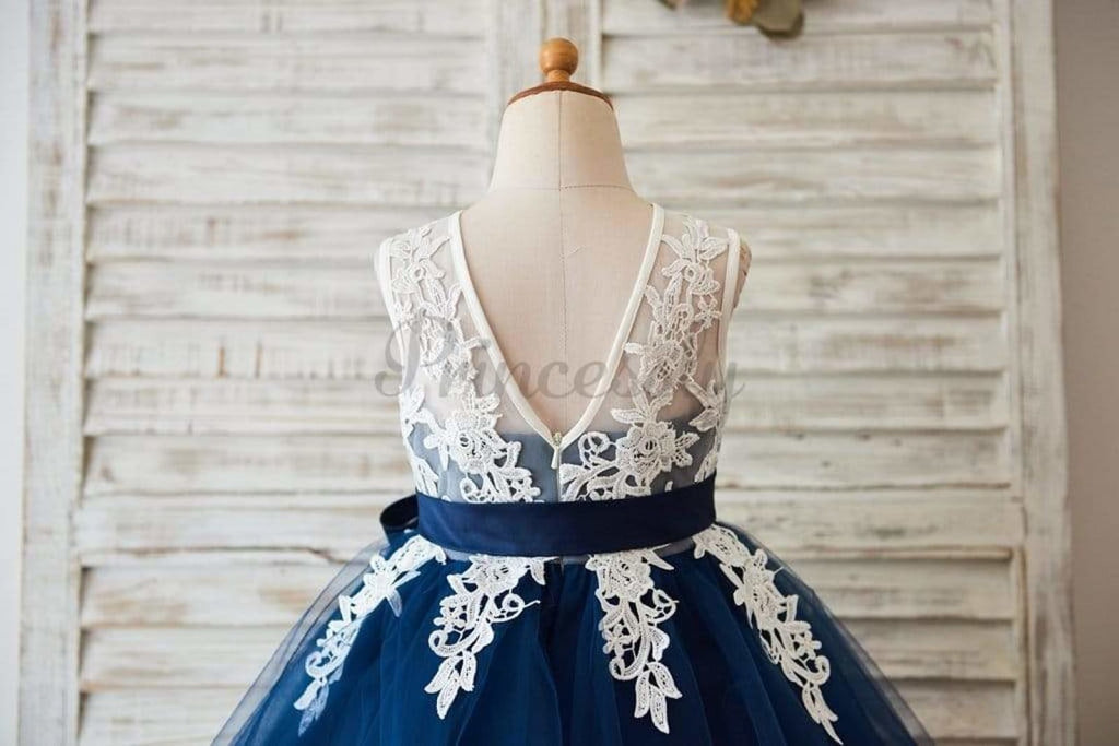 $15 SALE: Ivory Lace Navy Blue Tulle Wedding Flower Girl 