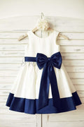 $79 SALE: Ivory Satin Flower Girl Dress with Navy Blue Belt / Bow