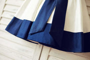 $15 SALE: Ivory Satin Flower Girl Dress with Navy Blue Belt 