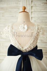 $15 SALE: Short Sleeves V Back Lace Tulle Wedding Flower 