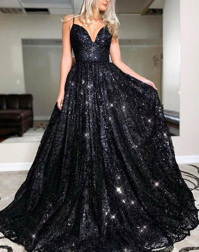 A-Line/Princess Floor-Length V-neck Sequin Sleeveless Sequins Dresses