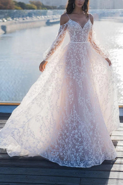 A-line Boho Cold Shoulder Long Sleeve Starry Lace Tulle Bridal Wedding Dress