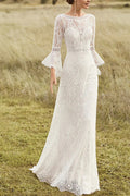 A-line Flounce Sleeve Open Back Floor Length Lace Boho Wedding Dress