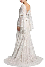 Boho Lace Long Bell Sleeves V Neck Mermaid Sweep Lace Wedding Dress